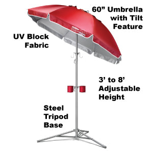 Features of wondershades. UV blocking fabric, 5 ft canpoy with tilt feature, adjustable height from 3-8 ft, sturdy tripod base.