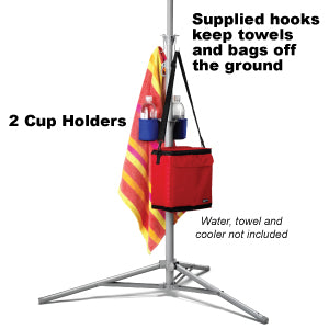 Cup holders and S-Hooks to keep your items off the ground and within reach.